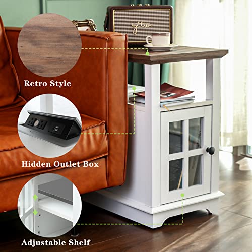 HIFYOBRO End Table with Charging Station Set of 2, Side Table with Storage, 2 Power outlets & 2 USB Ports for Living Room, Nightstand with Adjustable Storage Shelf for Bedroom-White…