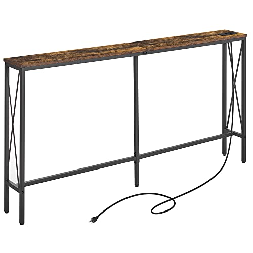 ELYKEN 7.9” Console Table with Power Outlet, 7.9"Dx63"Wx31.5"H Sofa Table for Living Room, Long Slim Entryway Table with 6.5’ Extension Cord, Rustic Brown Skinny Couch Table with Metal Frame for Foyer
