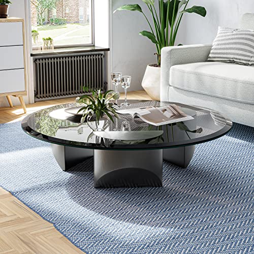 1inchome Round Glass Coffee Table Wedge Coffee Table, Modern Coffee Table with Black Tempered Glass Top End Table, Heavy Duty Brushed Steel Legs Support for Living Room, Home, Office