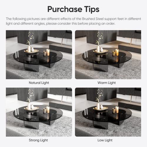 1inchome Round Glass Coffee Table Wedge Coffee Table, Modern Coffee Table with Black Tempered Glass Top End Table, Heavy Duty Brushed Steel Legs Support for Living Room, Home, Office