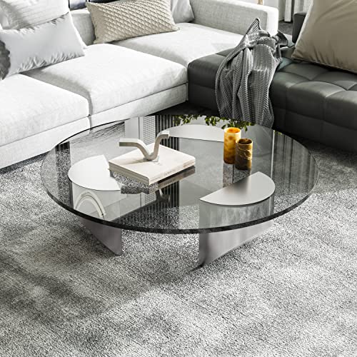 1inchome Round Glass Coffee Table Wedge Coffee Table, Modern Coffee Table with Black Tempered Glass Top End Table, Heavy Duty Brushed Steel Legs Support for Living Room, Home, Office
