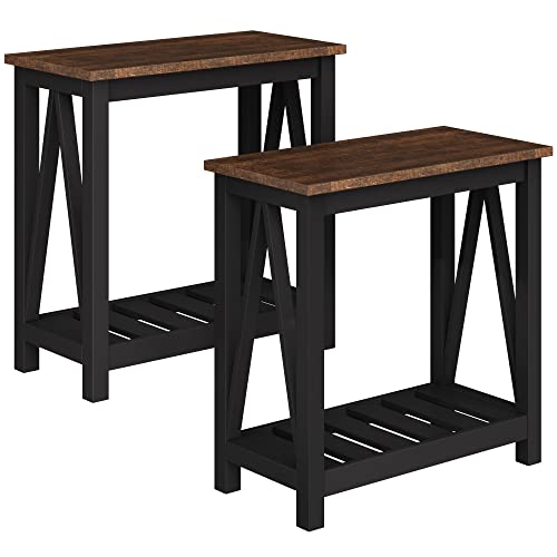 ChooChoo Farmhouse End Table, Rustic Vintage Narrow End Side Table with Storage Shelf for Small Spaces, Nightstand Sofa Table for Living Room, Bedroom Black 2 Pack