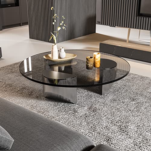 1inchome Round Glass Coffee Table Wedge Coffee Table, Modern Coffee Table with Black Tempered Glass Top End Table, Heavy Duty Brushed Steel Legs Support for Living Room, Home, Office