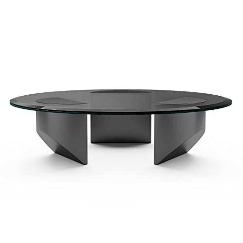 1inchome Round Glass Coffee Table Wedge Coffee Table, Modern Coffee Table with Black Tempered Glass Top End Table, Heavy Duty Brushed Steel Legs Support for Living Room, Home, Office