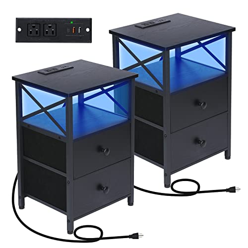 AMHANCIBLE LED Nightstands Set of 2, End Tables Living Room with Fast Charging Station, Bedside Table with USB C Charger Port and Power Outlet, Night Stand with 2 Drawers for Bedroom HET052LBK