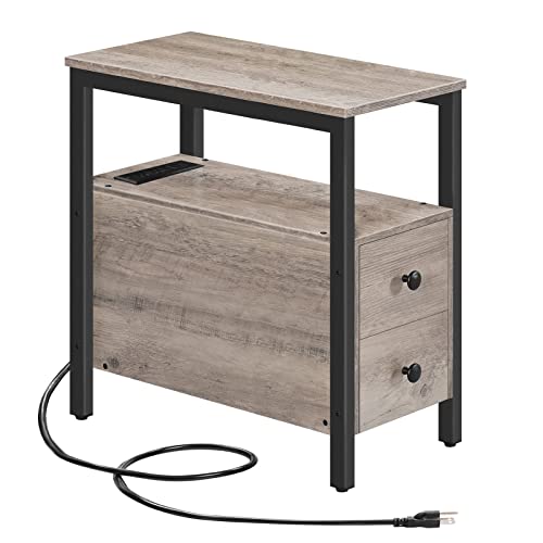 HOOBRO Set of 2 End Tables with Charging Station, Narrow Side Table with Drawers & USB Ports & Power Outlets, Nightstand for Small Spaces, Living Room, Stable and Sturdy, Greige and Black BG541BZP201