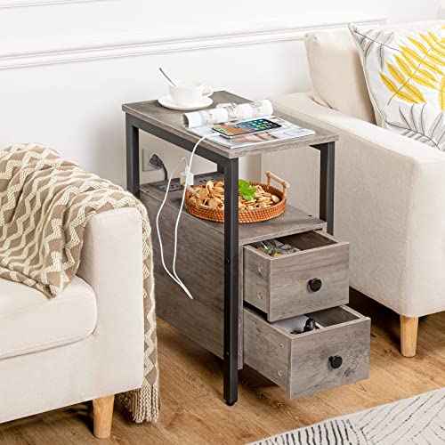 HOOBRO Set of 2 End Tables with Charging Station, Narrow Side Table with Drawers & USB Ports & Power Outlets, Nightstand for Small Spaces, Living Room, Stable and Sturdy, Greige and Black BG541BZP201