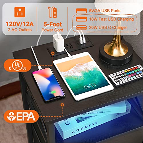 AMHANCIBLE LED Nightstands Set of 2, End Tables Living Room with Fast Charging Station, Bedside Table with USB C Charger Port and Power Outlet, Night Stand with 2 Drawers for Bedroom HET052LBK