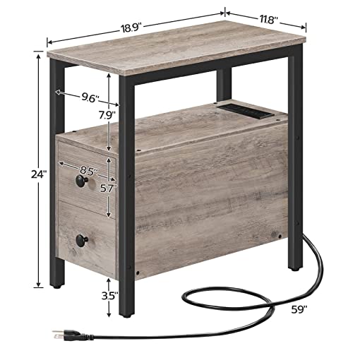 HOOBRO Set of 2 End Tables with Charging Station, Narrow Side Table with Drawers & USB Ports & Power Outlets, Nightstand for Small Spaces, Living Room, Stable and Sturdy, Greige and Black BG541BZP201