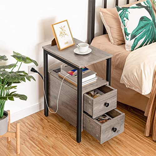 HOOBRO Set of 2 End Tables with Charging Station, Narrow Side Table with Drawers & USB Ports & Power Outlets, Nightstand for Small Spaces, Living Room, Stable and Sturdy, Greige and Black BG541BZP201