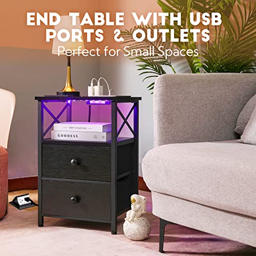AMHANCIBLE LED Nightstands Set of 2, End Tables Living Room with Fast Charging Station, Bedside Table with USB C Charger Port and Power Outlet, Night Stand with 2 Drawers for Bedroom HET052LBK
