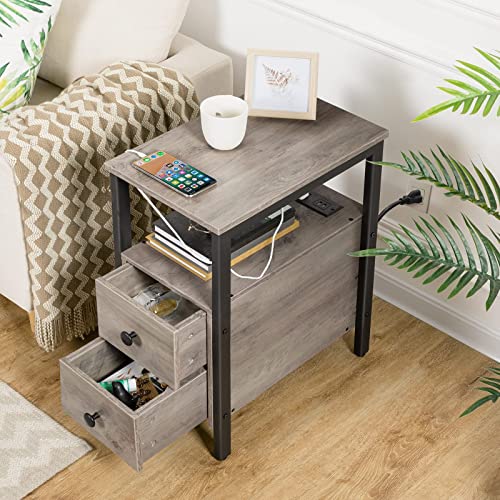 HOOBRO Set of 2 End Tables with Charging Station, Narrow Side Table with Drawers & USB Ports & Power Outlets, Nightstand for Small Spaces, Living Room, Stable and Sturdy, Greige and Black BG541BZP201