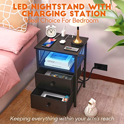 AMHANCIBLE LED Nightstands Set of 2, End Tables Living Room with Fast Charging Station, Bedside Table with USB C Charger Port and Power Outlet, Night Stand with 2 Drawers for Bedroom HET052LBK