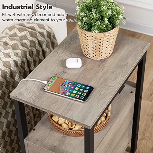 HOOBRO Set of 2 End Tables with Charging Station, Narrow Side Table with Drawers & USB Ports & Power Outlets, Nightstand for Small Spaces, Living Room, Stable and Sturdy, Greige and Black BG541BZP201