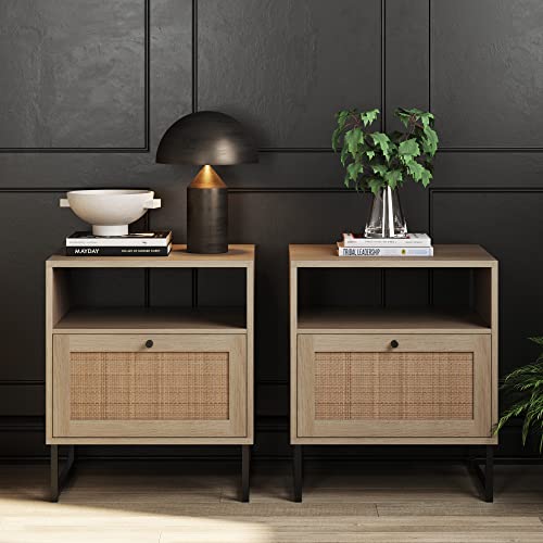 Nathan James Mina Rattan End Table, Set of 2, Oak/Black