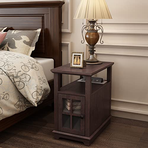 HIFYOBRO End Table with Charging Station, Side Table with Storage for Living Room and Bed Room, Power outlets & USB Ports, Adjustable Shelf
