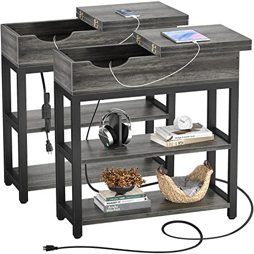 Aheaplus Sofa Side Table with USB Ports and Outlets, Narrow End Table Set of 2 with Charging Station, Bedside Nightstand with Storage Shelves, Slim Side Table，Black Oak