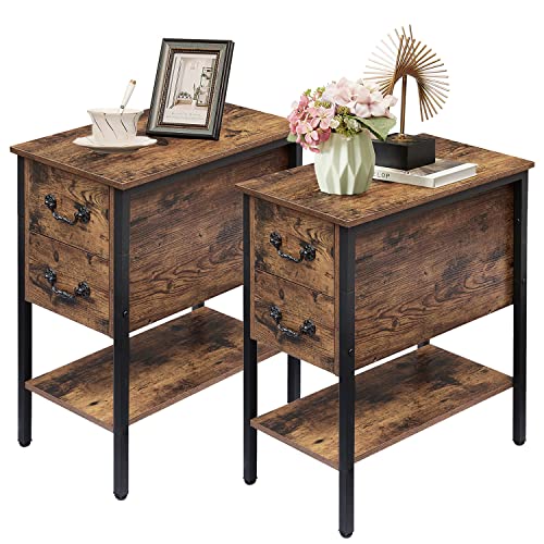 VECELO End Tables Set of 2, Narrow Nightstand with Drawers and Storage Shelf,Modern Night Stand for Small Spaces, Living Room,Bedroom, Brown/2 pcs