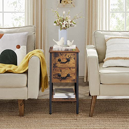 VECELO End Tables Set of 2, Narrow Nightstand with Drawers and Storage Shelf,Modern Night Stand for Small Spaces, Living Room,Bedroom, Brown/2 pcs
