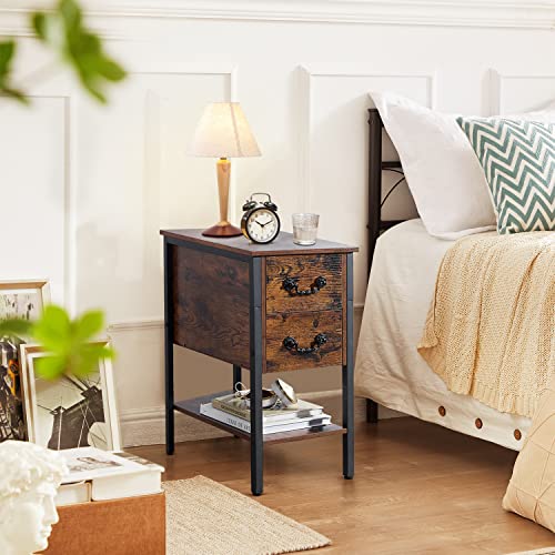 VECELO End Tables Set of 2, Narrow Nightstand with Drawers and Storage Shelf,Modern Night Stand for Small Spaces, Living Room,Bedroom, Brown/2 pcs