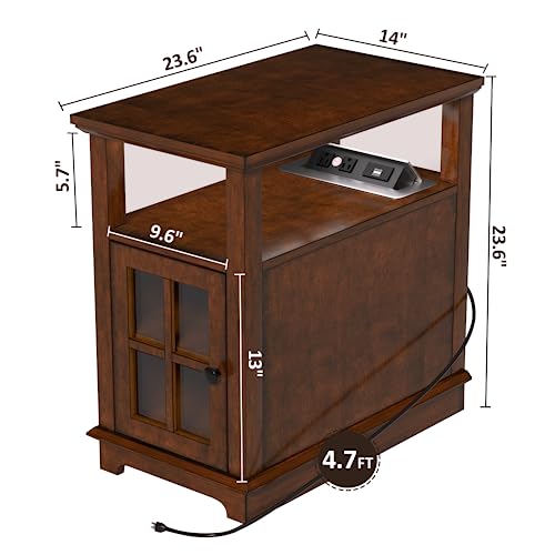 HIFYOBRO End Table with Charging Station, Narrow Side Table with Storage, Nightstand for Small Spaces with USB Ports & Power Outlets Bedside Table-Cherry