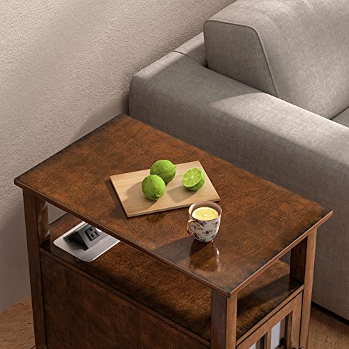 HIFYOBRO End Table with Charging Station, Narrow Side Table with Storage, Nightstand for Small Spaces with USB Ports & Power Outlets Bedside Table-Cherry