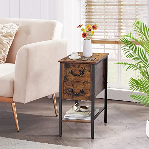 VECELO End Tables Set of 2, Narrow Nightstand with Drawers and Storage Shelf,Modern Night Stand for Small Spaces, Living Room,Bedroom, Brown/2 pcs