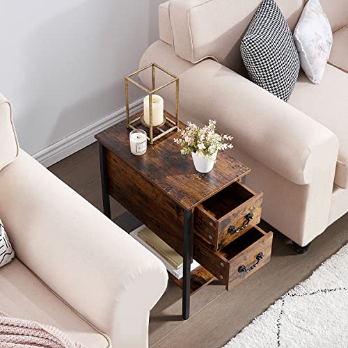 VECELO End Tables Set of 2, Narrow Nightstand with Drawers and Storage Shelf,Modern Night Stand for Small Spaces, Living Room,Bedroom, Brown/2 pcs