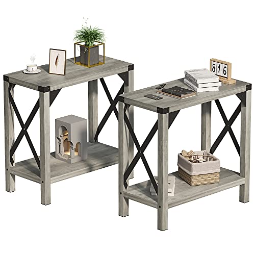 IDEALHOUSE Narrow End Table Set of 2 for Small Spaces, Rectangular Farmhouse Nightstand Sofa Side Table for Living Room, Bedroom, Lounge(Grey)