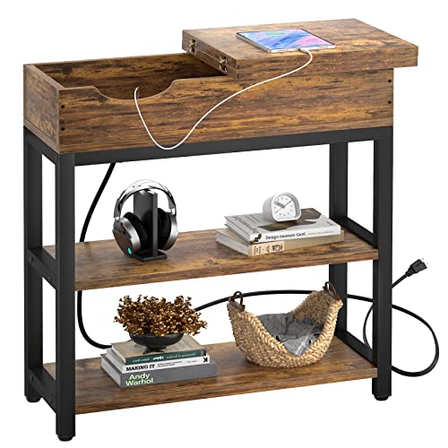 Aheaplus Sofa Side Table with USB Ports and Outlets, Narrow End Table Set of 2 with Charging Station, Bedside Nightstand with Storage Shelves, Slim Side Table for Small Space, Living Room, Metal Frame