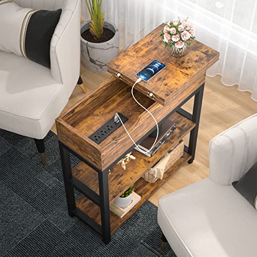 Aheaplus Sofa Side Table with USB Ports and Outlets, Narrow End Table Set of 2 with Charging Station, Bedside Nightstand with Storage Shelves, Slim Side Table for Small Space, Living Room, Metal Frame