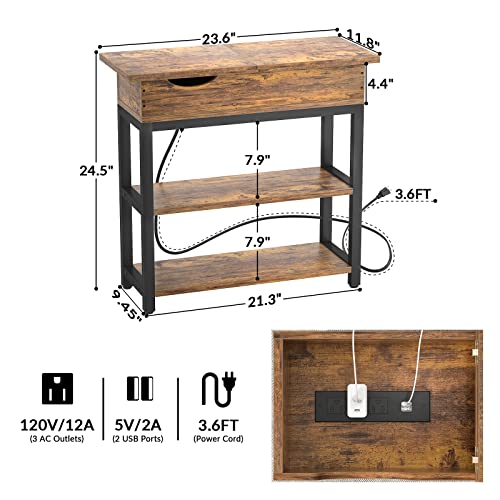 Aheaplus Sofa Side Table with USB Ports and Outlets, Narrow End Table Set of 2 with Charging Station, Bedside Nightstand with Storage Shelves, Slim Side Table for Small Space, Living Room, Metal Frame