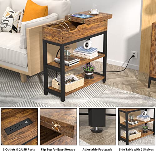 Aheaplus Sofa Side Table with USB Ports and Outlets, Narrow End Table Set of 2 with Charging Station, Bedside Nightstand with Storage Shelves, Slim Side Table for Small Space, Living Room, Metal Frame
