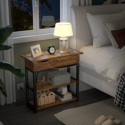 Aheaplus Sofa Side Table with USB Ports and Outlets, Narrow End Table Set of 2 with Charging Station, Bedside Nightstand with Storage Shelves, Slim Side Table for Small Space, Living Room, Metal Frame