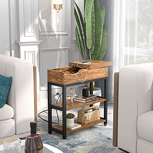 Aheaplus Sofa Side Table with USB Ports and Outlets, Narrow End Table Set of 2 with Charging Station, Bedside Nightstand with Storage Shelves, Slim Side Table for Small Space, Living Room, Metal Frame