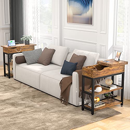 Aheaplus Sofa Side Table with USB Ports and Outlets, Narrow End Table Set of 2 with Charging Station, Bedside Nightstand with Storage Shelves, Slim Side Table for Small Space, Living Room, Metal Frame