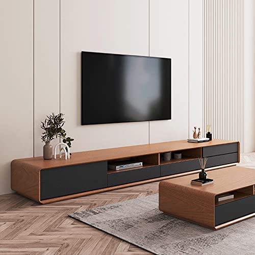 POVISON DONICY Modern Solid Wood TV Stand, Lowline Media Console with 4 Drawers, Open Storage Cabinet, Walnut Veneer, Fully-Assembled, 94"