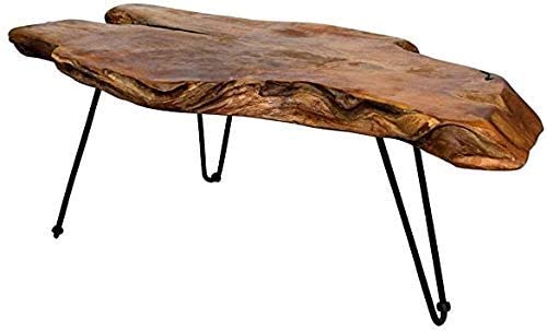 StyleCraft Badang Carving Natural Wood Edge Teak Contemporary Coffee Cocktail Table with Clear Lacquer Finish and Metal Hairpin Legs for Living Room