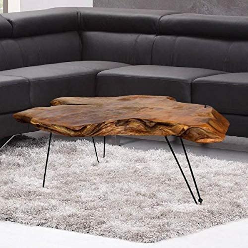 StyleCraft Badang Carving Natural Wood Edge Teak Contemporary Coffee Cocktail Table with Clear Lacquer Finish and Metal Hairpin Legs for Living Room