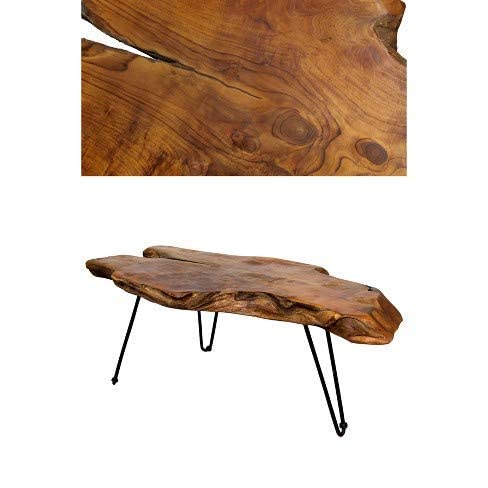 StyleCraft Badang Carving Natural Wood Edge Teak Contemporary Coffee Cocktail Table with Clear Lacquer Finish and Metal Hairpin Legs for Living Room