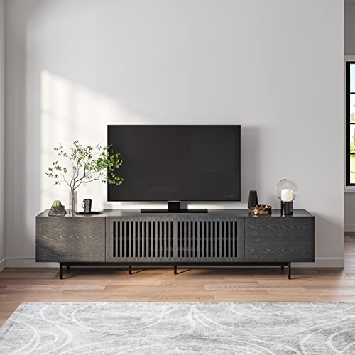 POVISON Modern Solid Wood TV Stand, Black Entertainment Center for 75 85+ Inch TV, Tall TV Cabinet with Slatted Doors, Tall-Cast Metal Legs, Fully-Assembled, 94.49"