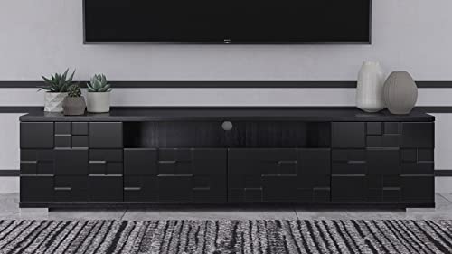 Zuri Furniture 86.6" Wide Modern Velasca TV Stand Smooth Black Oak Body Matte Black Lacquer Paneling