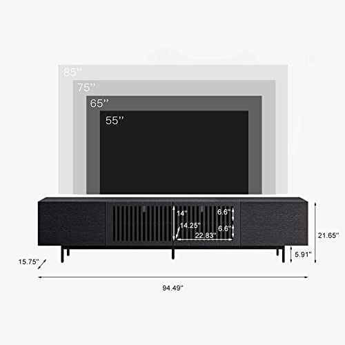 POVISON Modern Solid Wood TV Stand, Black Entertainment Center for 75 85+ Inch TV, Tall TV Cabinet with Slatted Doors, Tall-Cast Metal Legs, Fully-Assembled, 94.49"