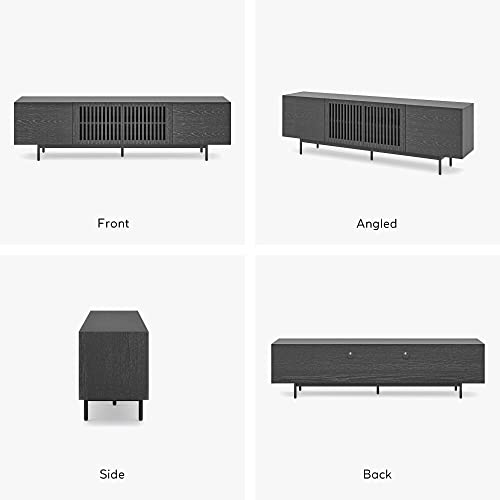 POVISON Modern Solid Wood TV Stand, Black Entertainment Center for 75 85+ Inch TV, Tall TV Cabinet with Slatted Doors, Tall-Cast Metal Legs, Fully-Assembled, 94.49"