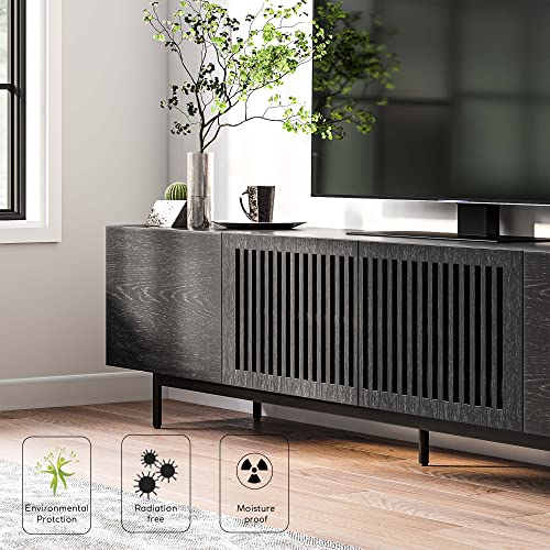 POVISON Modern Solid Wood TV Stand, Black Entertainment Center for 75 85+ Inch TV, Tall TV Cabinet with Slatted Doors, Tall-Cast Metal Legs, Fully-Assembled, 94.49"
