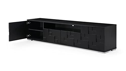 Zuri Furniture 86.6" Wide Modern Velasca TV Stand Smooth Black Oak Body Matte Black Lacquer Paneling