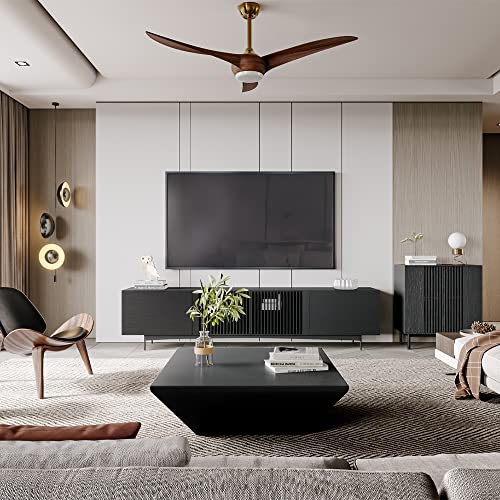 POVISON Modern Solid Wood TV Stand, Black Entertainment Center for 75 85+ Inch TV, Tall TV Cabinet with Slatted Doors, Tall-Cast Metal Legs, Fully-Assembled, 94.49"