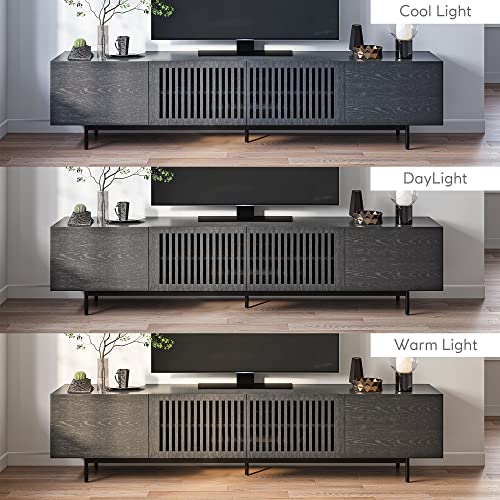 POVISON Modern Solid Wood TV Stand, Black Entertainment Center for 75 85+ Inch TV, Tall TV Cabinet with Slatted Doors, Tall-Cast Metal Legs, Fully-Assembled, 94.49"