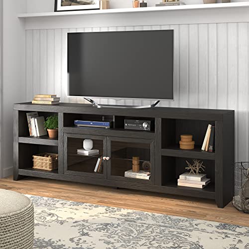 Bridgevine Home 95 Inch TV Stand for 65+ Inch TV, Real Solid Wood and Wood Veneers, Hand Crafted Solid Wood TV Console with Tempered Safety Glass Storage Cabinets, Dark Mocha, Fully Assembled