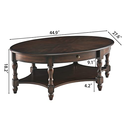 LEEMTORIG Oval Coffee Tables for Living Room, Round Wood Coffee Table with Storage Drawer and Shelf, Durable Classic Cocktail Table, 44.9"W x 27.6"D x 18.2"H, Easy Assemble, Dark Walnut, KFZ-2233-DC